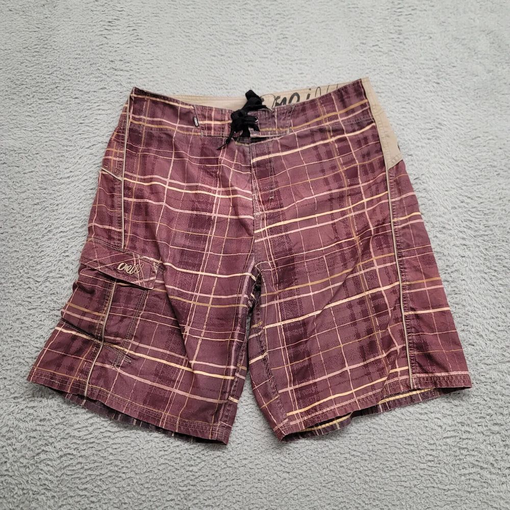 Oniell Shorts Mens 36 Maroon Plaid‎ Boardshorts Spellout Logo Lightweight Casual